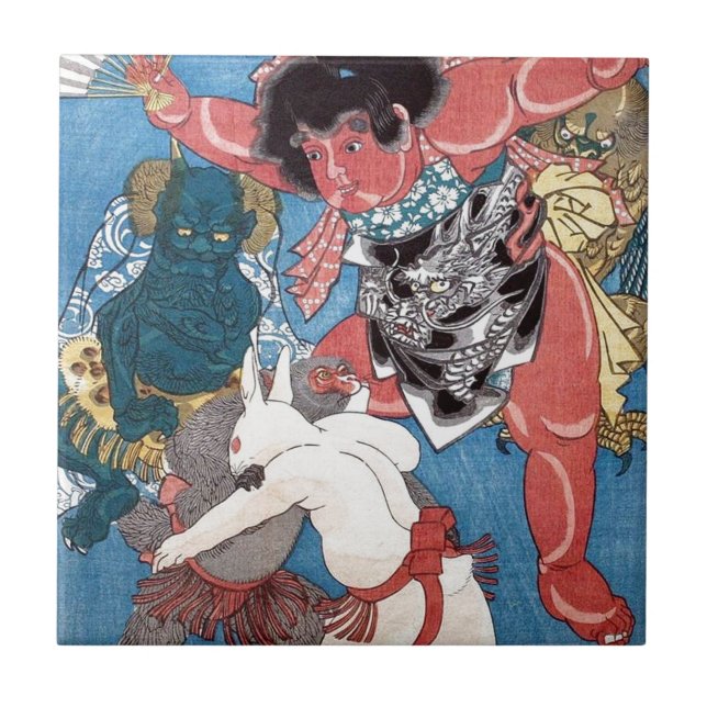 Azulejo 金太郎と動物, 国芳 Kintaro y animales, Kuniyoshi, Ukiyo-e (Frente)