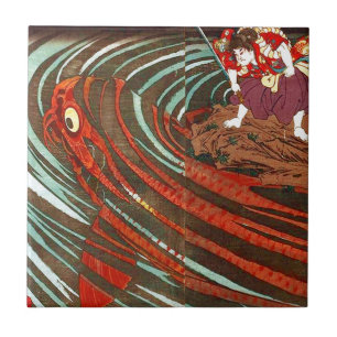 Azulejo 鬼若丸の鯉退治, carpa del monstruo del 国芳, Kuniyoshi,