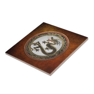Azulejo [100] Dragón oriental sagrado de oro y negro