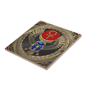 Azulejo [100] Sagrado Scarab egipcio alado de oro con Ankh