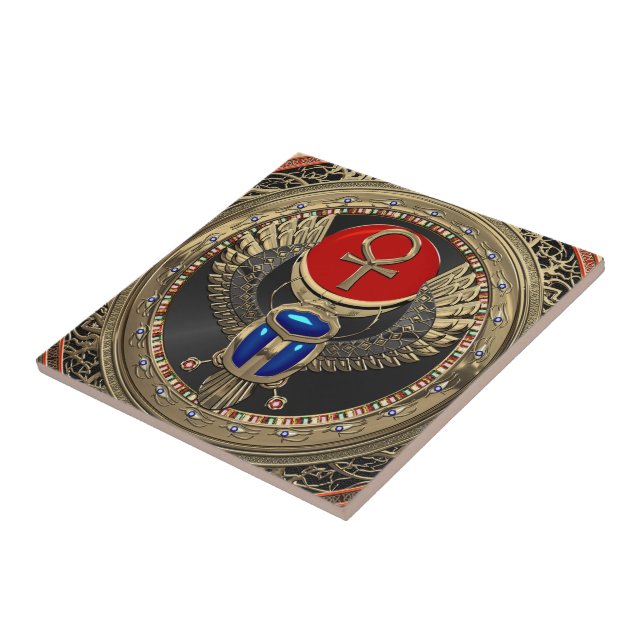 Azulejo [100] Sagrado Scarab egipcio alado de oro con Ankh (Lado)