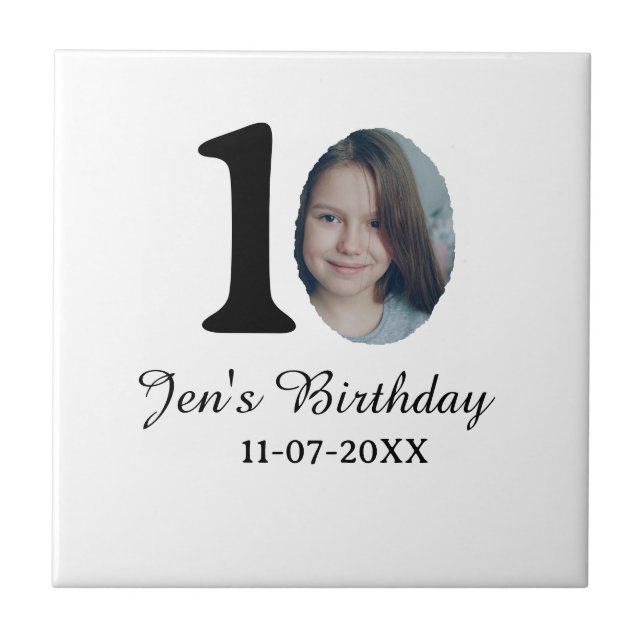 Azulejo 10.ª foto de cumpleaños letra negrita niños fecha (Frente)