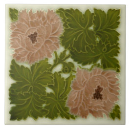 Azulejo 1896 Minton Peony Pink & Green Majolica Tile Repro