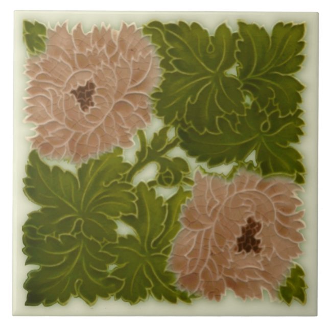 Azulejo 1896 Minton Peony Pink & Green Majolica Tile Repro (Frente)