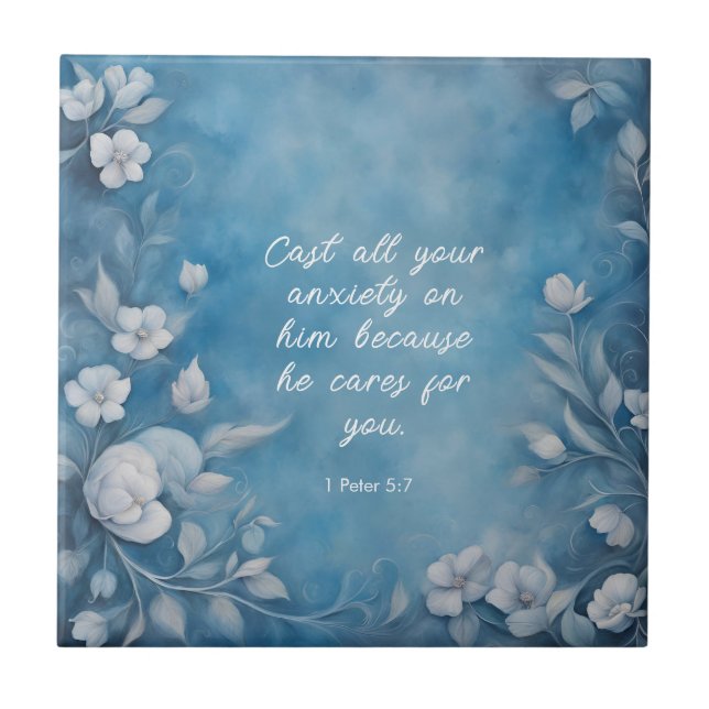 Azulejo 1 Peter 5:7 “Cast All Your Anxiety” Blue Floral (Frente)