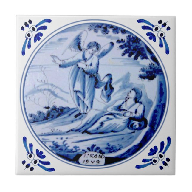 Azulejo 1: Reyes:19 Angel Awakens Elijah Blue Delft Repro (Frente)