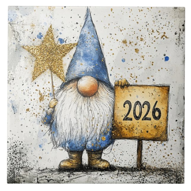 Azulejo 2026, Feliz Año Nuevo, gnomo, (Frente)