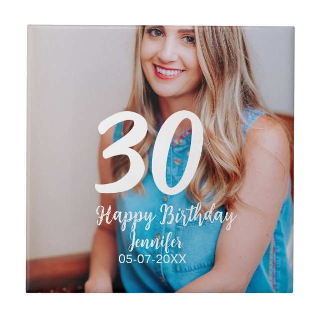 Azulejo 30.º cumpleaños añadir nombre fecha año foto blanc (Frente)