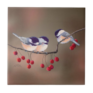 Azulejo 3 CHICKADEES y BAYAS ROJAS de SHARON SHARPE