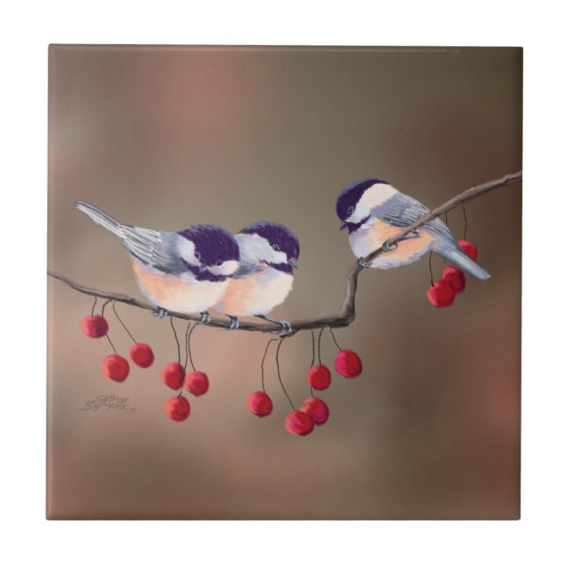 Azulejo 3 CHICKADEES y BAYAS ROJAS de SHARON SHARPE (Frente)