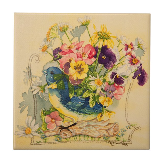 Azulejo 4779 Bluebird Vase con Pansies (Frente)