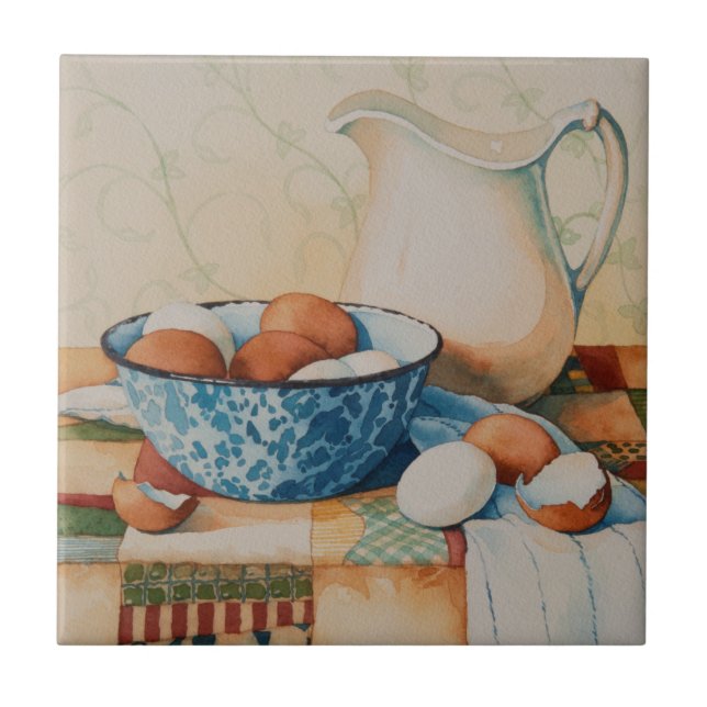 Azulejo 4925 huevos en cuenco del Enamelware con la jarra (Frente)