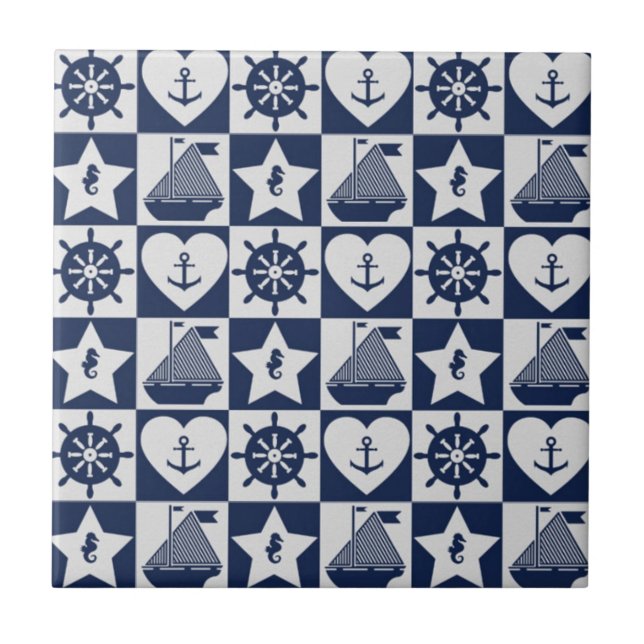Azulejo A cuadros blanco de los azules marinos náuticos (Frente)