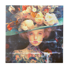 Azulejo A Young Woman With a Tattooed Body and Bold Hat