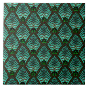Azulejo Abanico Art Déco de ráfaga de sol en verde metálic