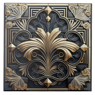 Azulejo Abanico Art Deco dorado con marco ornamental