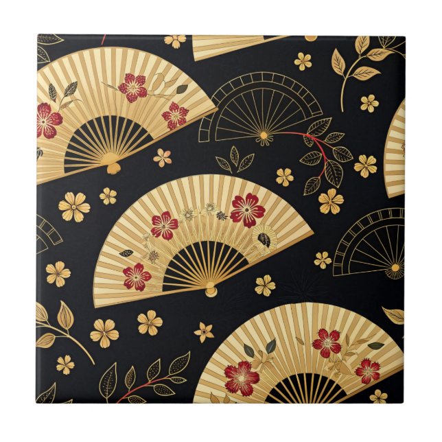 Azulejo Abanico de oro japonés patrón Sakura (Frente)