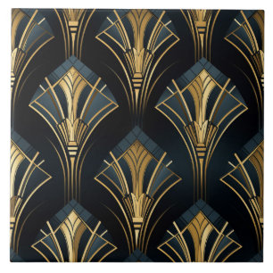 Azulejo Abánicos de diamante Art Déco en azul marino y dor