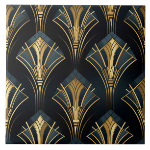 Azulejo Abánicos de diamante Art Déco en azul marino y dor
