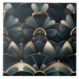 Azulejo Abanicos florales Art Deco teal con líneas doradas