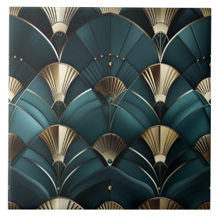 Azulejo Abano y Deco dorado y azul, Abanico Art Déco