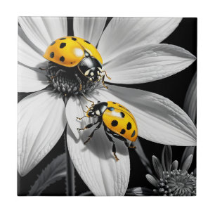 Azulejo Abeja Amarillo De Ladybugs Sobre Flor Blanca Negra