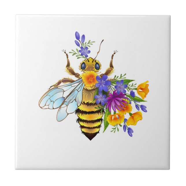 Azulejo Abeja de flor con plantas silvestres (Frente)