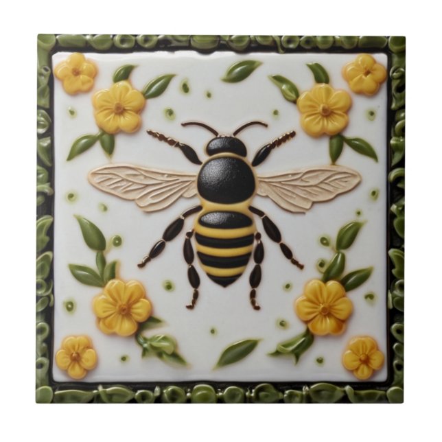 Azulejo Abeja de miel con flores amarillas dulces floridas (Frente)