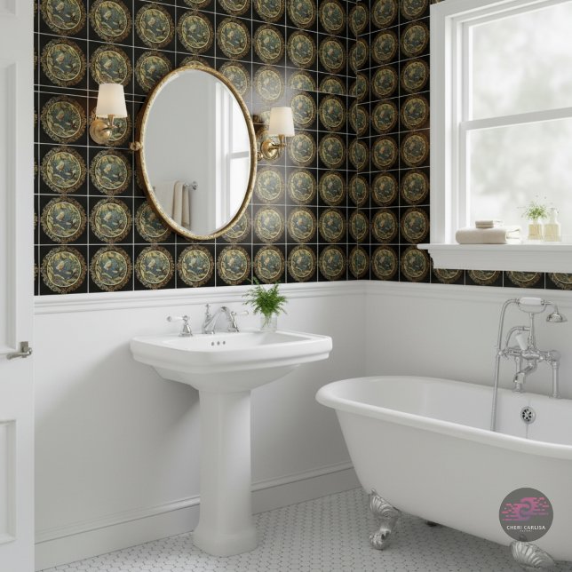 Azulejo Abeja y mariposa de cosecha moderna en la web de a (Dark vintage energy your bathroom didn’t know it needed.)