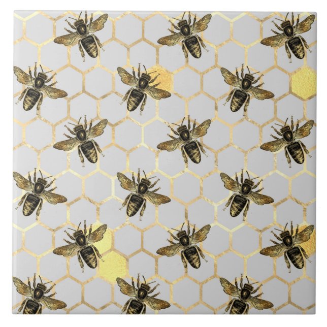 Azulejo Abejas con patrón de Honeycomb Gris dorado amarill (Frente)