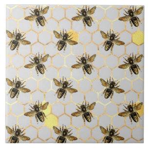 Azulejo Abejas en Patrón de Panal Amarillo Oro Gris