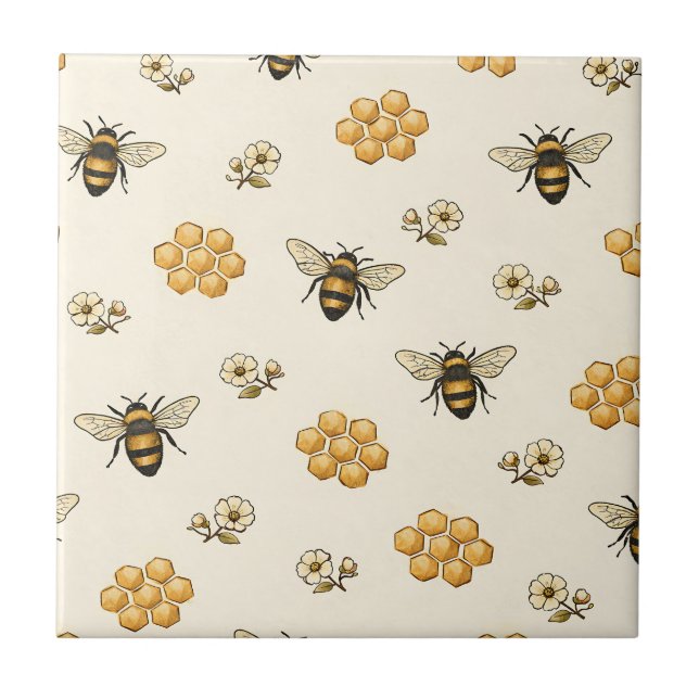 Azulejo Abejas Melíferas y Patrón Continuo de Panal (Frente)