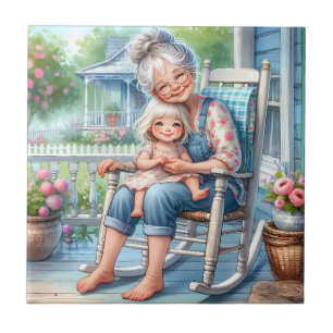 Azulejo Abrazo de abuela y nieta en el porche