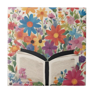Azulejo Abrir libro con flores acuarelas