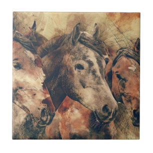 Azulejo Absolutamente Precioso Acuarela de Tres Caballos