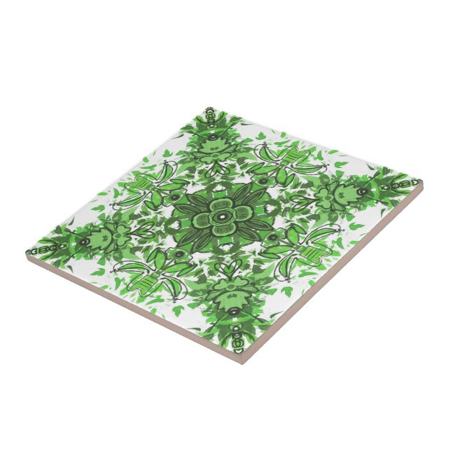 Azulejo Abstract Floral Pattern In Black Green On White    (Lado)