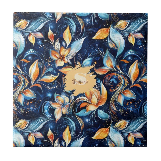 Azulejo Abstracto azul y oro Hojas Paisley (2) (Frente)