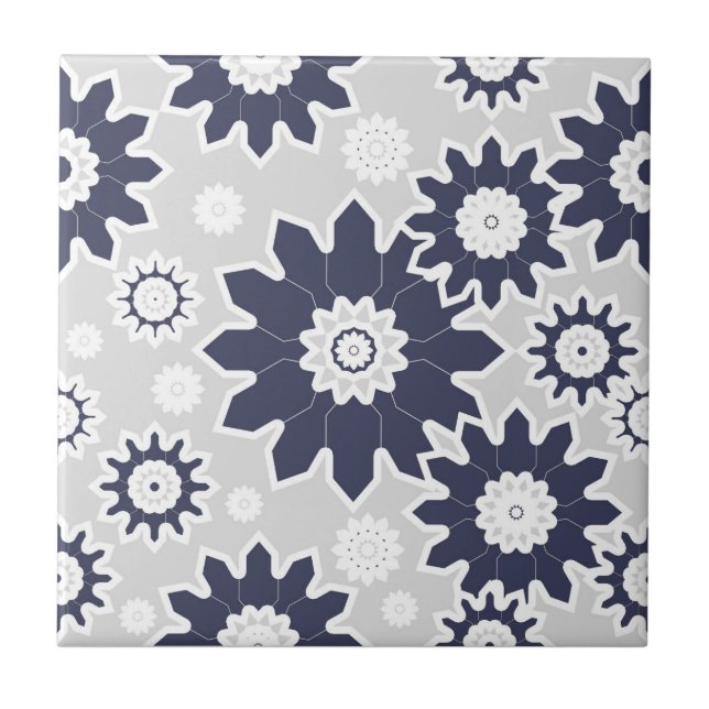 Azulejo Abstracto de patrón floral, azul marino, blanco, g (Frente)