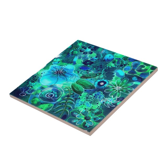 Azulejo Abstracto Floral Verde azulado Blue Leaves Flores (Lado)