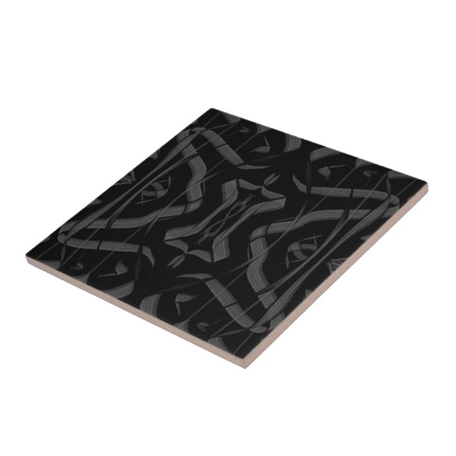 Azulejo Abstracto negro y gris de hojas de plumas reflejad (Lado)