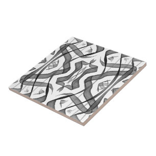 Azulejo Abstracto negro y gris de hojas de plumas reflejad