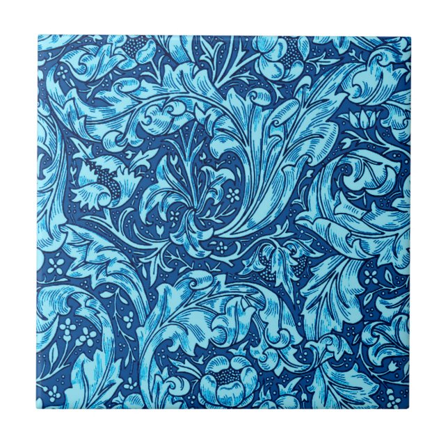 Azulejo Acanthus de estilo Art Nouveau deja y flores, azul (Frente)