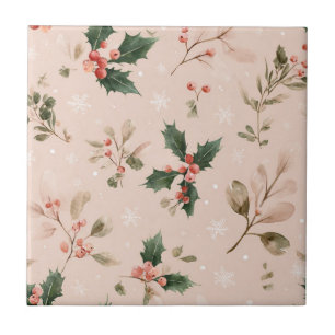 Azulejo Acebo Botánico de Navidad en Rosa Polvoriento Copo