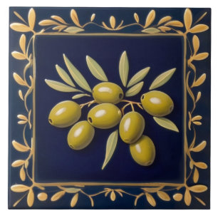 Azulejo Aceitunas Azul Marino Verde Hojas de Olivo Mediter