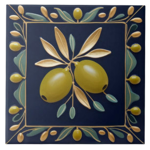 Azulejo Aceitunas Frutas Azul Marino Aceitunas Verdes Medi