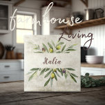 Azulejo Aceitunas rusas toscanas Italia guión marrón<br><div class="desc">Bella Cucina Rustic acuarela ramo de ramas y hojas. Hecho en un guión marrón coordinado. Combina y combina con otras fichas en este mismo tema de coordinación para crear tu aspecto perfecto. 100% de satisfacción del cliente con "Zazzle" todos los días.</div>