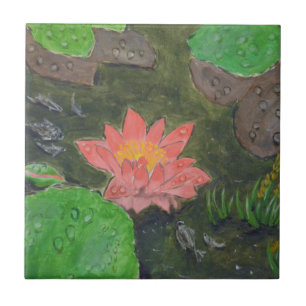 Azulejo Acrílico sobre lienzo, lirio rosa y hojas verdes