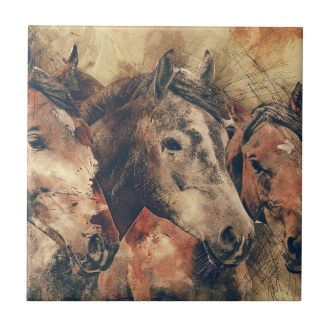 Azulejo Acuarela absolutamente espléndida de tres caballos (Frente)