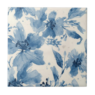 Azulejo Acuarela Azul Floral Pintada Botánica Caprichosa