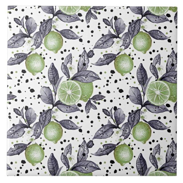 Azulejo acuarela bosquejada con detalles de hojas verdes,  (Frente)